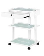 Töövahendite käru sahtliga, tugevdatud klaasist riiulitega